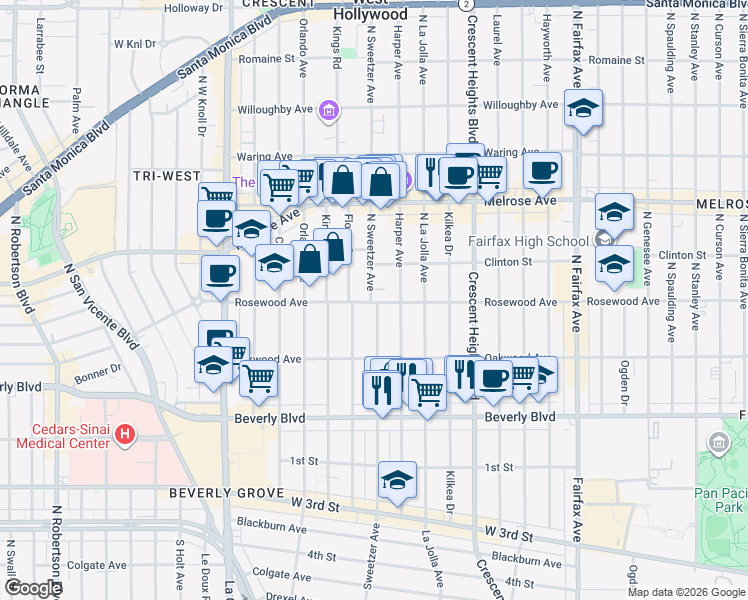 map of restaurants, bars, coffee shops, grocery stores, and more near 502 North Sweetzer Avenue in Los Angeles