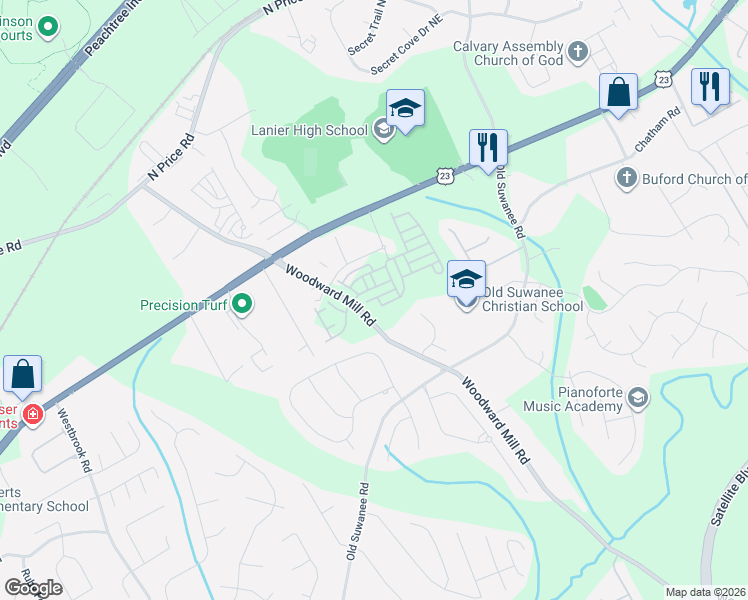map of restaurants, bars, coffee shops, grocery stores, and more near 4185 Woodward Mill Road in Buford