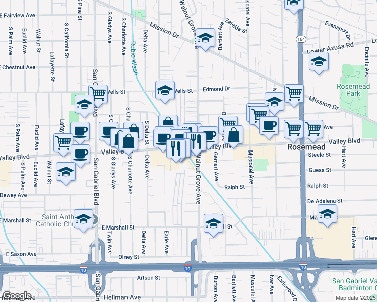 map of restaurants, bars, coffee shops, grocery stores, and more near 8526 Valley Boulevard in Rosemead