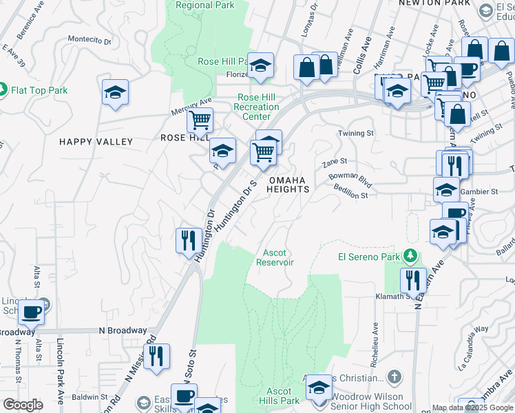 map of restaurants, bars, coffee shops, grocery stores, and more near 4392 O Neill Street in Los Angeles