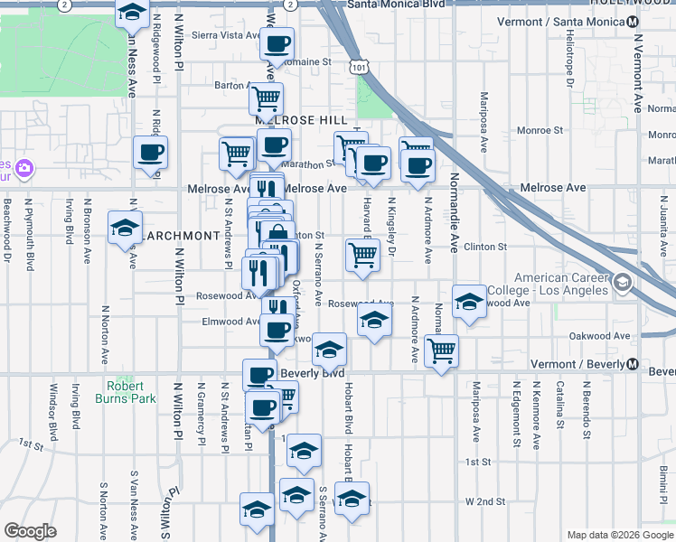 map of restaurants, bars, coffee shops, grocery stores, and more near 2 North Hobart Boulevard in Los Angeles