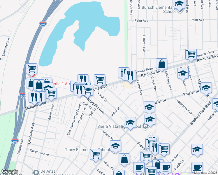 map of restaurants, bars, coffee shops, grocery stores, and more near 13212 Earl Avenue in Baldwin Park