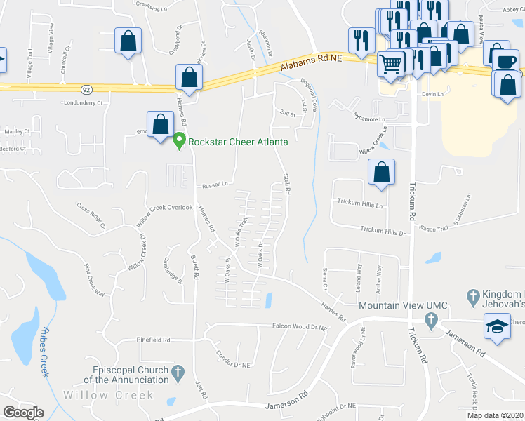 map of restaurants, bars, coffee shops, grocery stores, and more near 695 West Oaks Drive in Woodstock