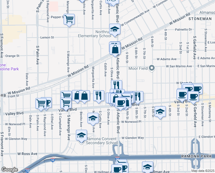map of restaurants, bars, coffee shops, grocery stores, and more near 1026 Edith Avenue in Alhambra