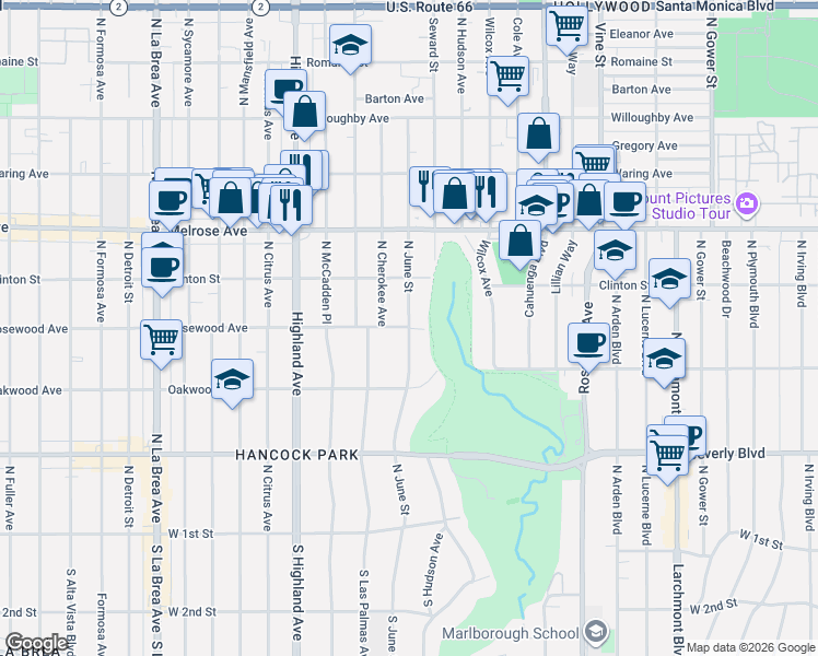map of restaurants, bars, coffee shops, grocery stores, and more near Rosewood Avenue in Los Angeles County