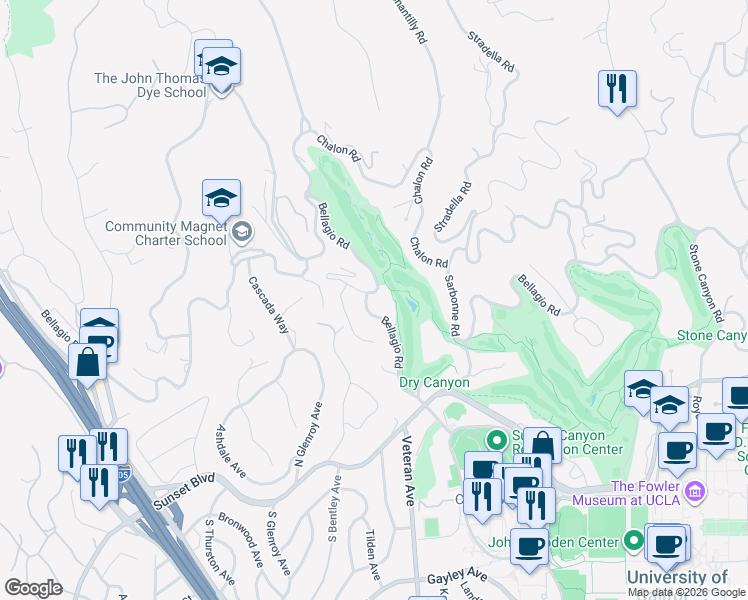 map of restaurants, bars, coffee shops, grocery stores, and more near 10971 Bellagio Road in Los Angeles