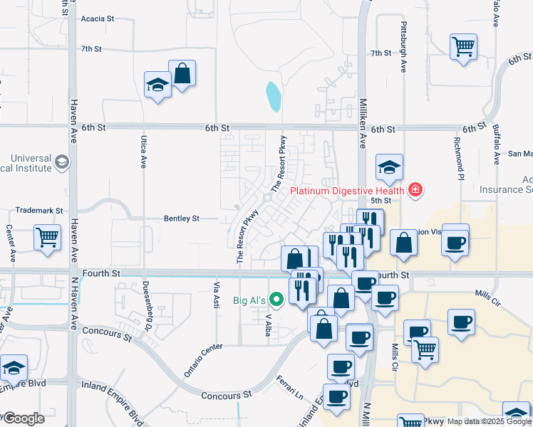 map of restaurants, bars, coffee shops, grocery stores, and more near 11005 Deckhouse Drive in Rancho Cucamonga