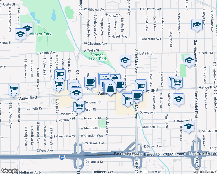 map of restaurants, bars, coffee shops, grocery stores, and more near 251 West Valley Boulevard in San Gabriel