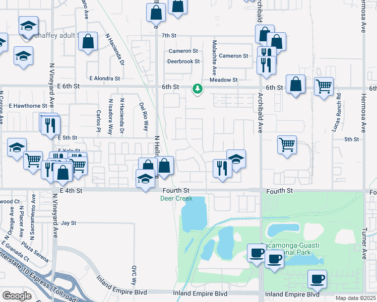 map of restaurants, bars, coffee shops, grocery stores, and more near 9415 Homestead Drive in Rancho Cucamonga