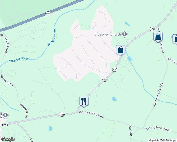 map of restaurants, bars, coffee shops, grocery stores, and more near 1372 Beringer Drive in Hoschton