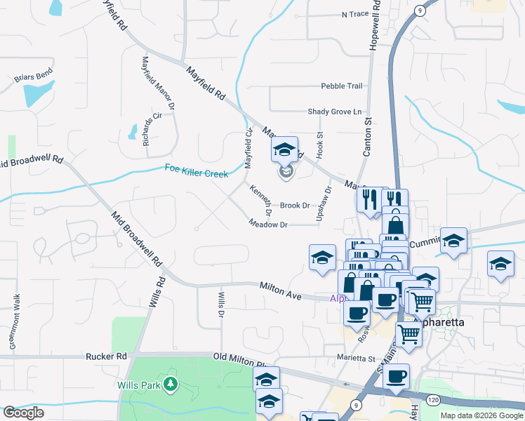 map of restaurants, bars, coffee shops, grocery stores, and more near 174 Kenneth Drive in Alpharetta