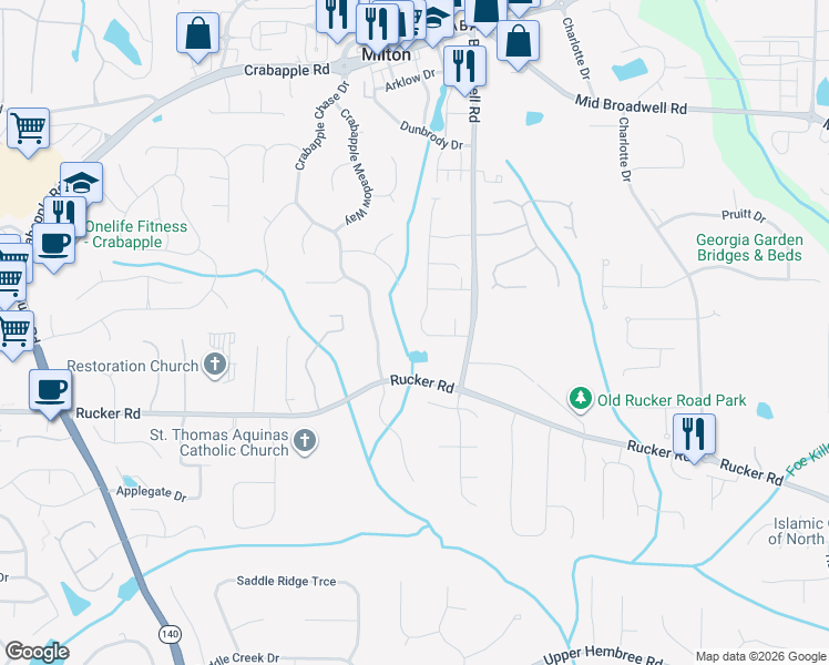 map of restaurants, bars, coffee shops, grocery stores, and more near 12310 Beragio Place in Alpharetta