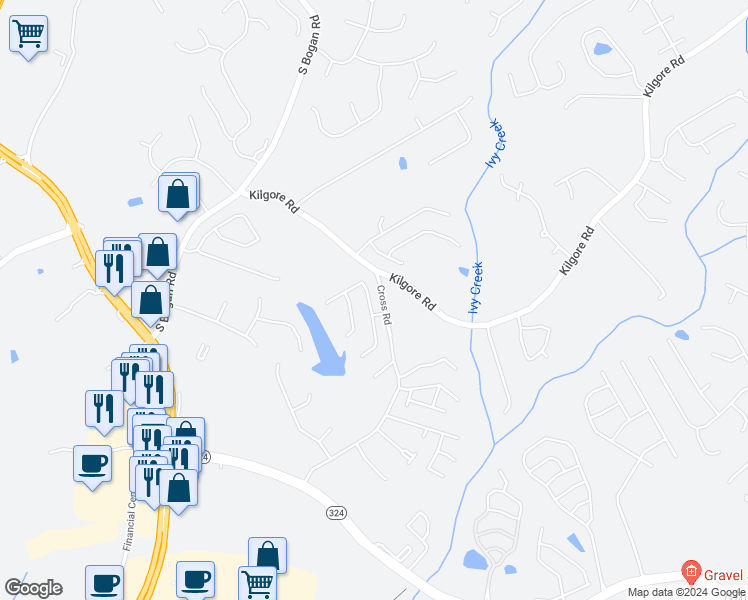 map of restaurants, bars, coffee shops, grocery stores, and more near 3563 Fallen Oak Drive in Buford