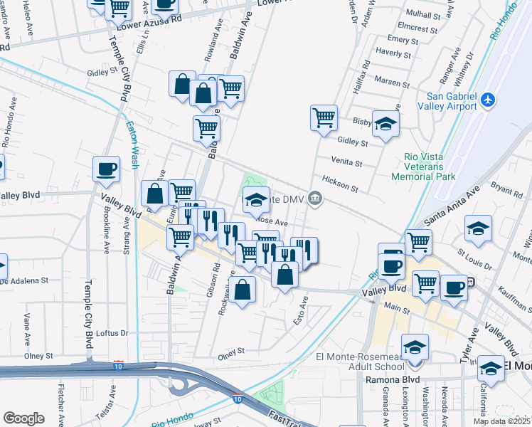 map of restaurants, bars, coffee shops, grocery stores, and more near 4020 Gibson Road in El Monte