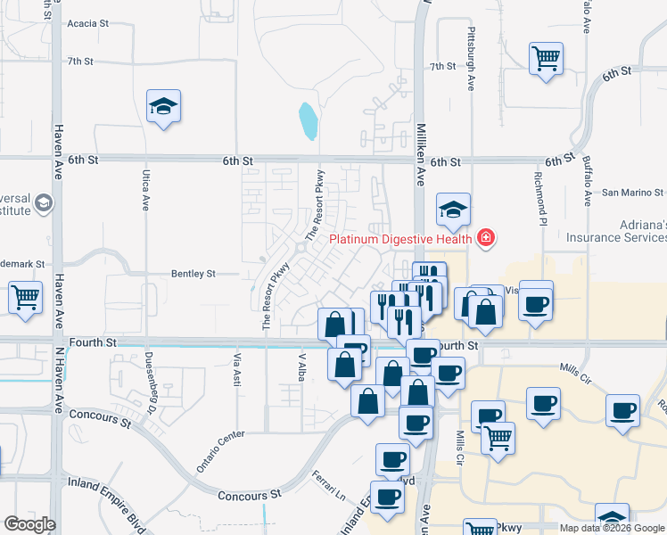 map of restaurants, bars, coffee shops, grocery stores, and more near Renewal Drive in Rancho Cucamonga