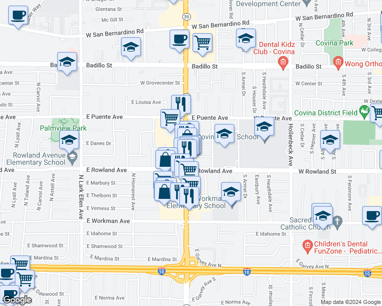 map of restaurants, bars, coffee shops, grocery stores, and more near 530 North Azusa Avenue in Covina