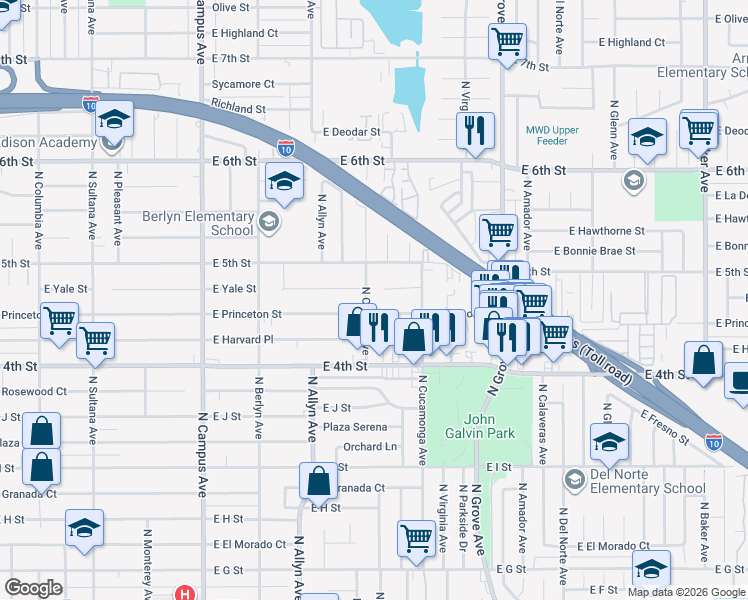 map of restaurants, bars, coffee shops, grocery stores, and more near 1211 North Council Avenue in Ontario