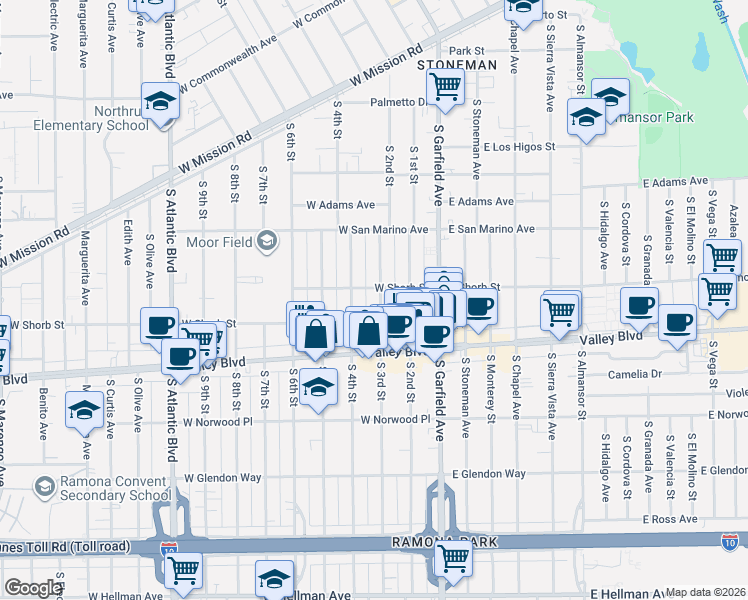 map of restaurants, bars, coffee shops, grocery stores, and more near 1211 South 3rd Street in Alhambra