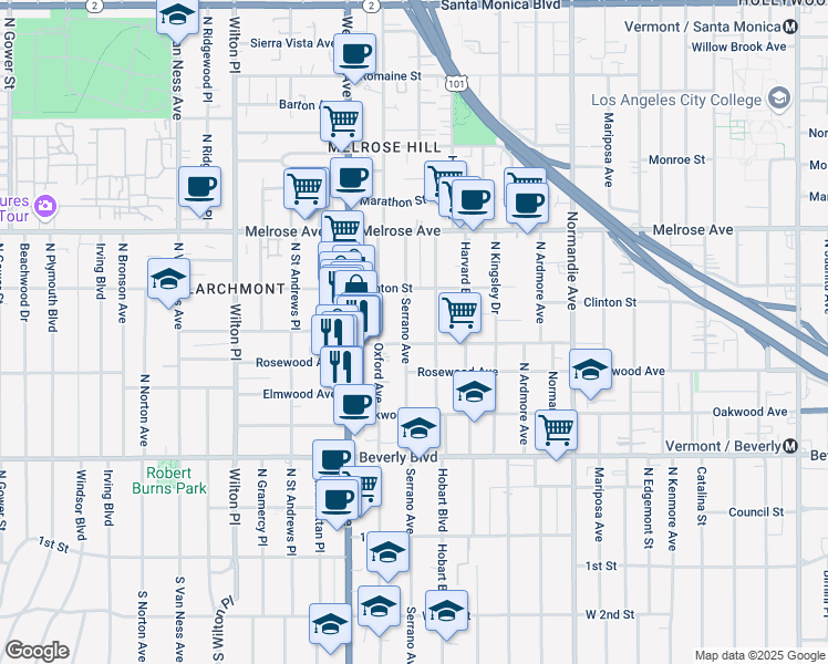 map of restaurants, bars, coffee shops, grocery stores, and more near 502 North Serrano Avenue in Los Angeles