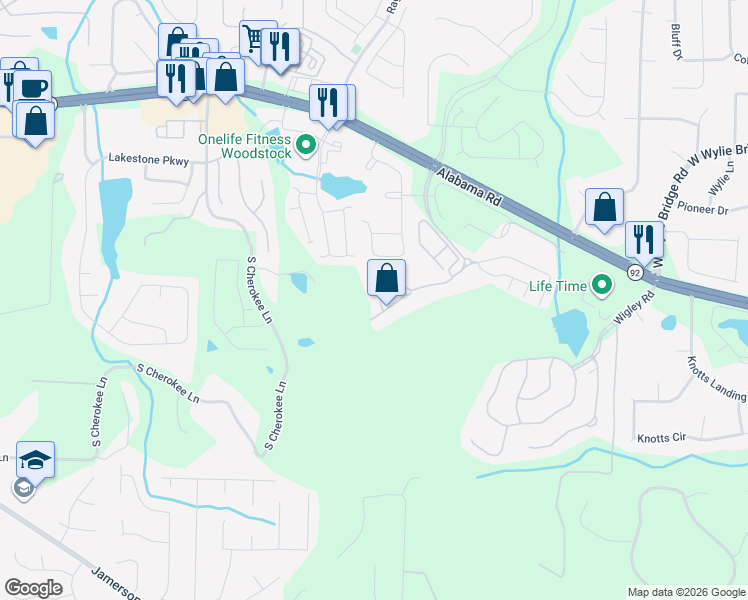 map of restaurants, bars, coffee shops, grocery stores, and more near 3104 South Cherokee Lane in Woodstock