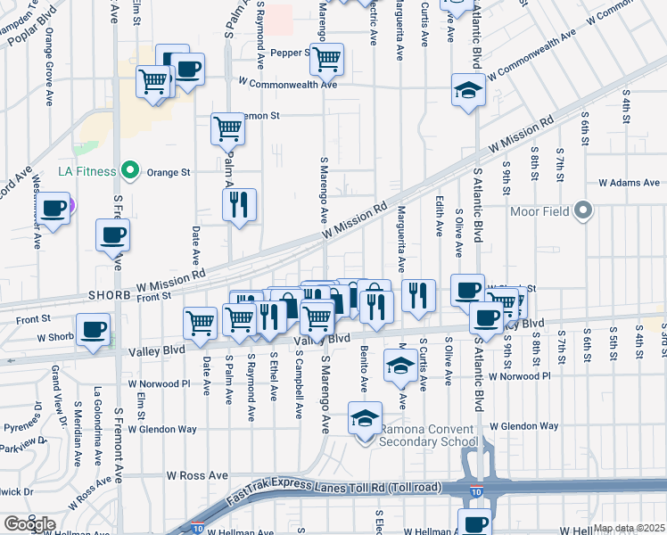 map of restaurants, bars, coffee shops, grocery stores, and more near 1024 South Marengo Avenue in Alhambra