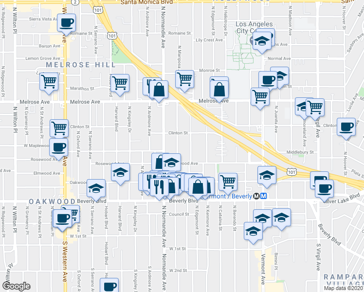 map of restaurants, bars, coffee shops, grocery stores, and more near 546 North Mariposa Avenue in Los Angeles