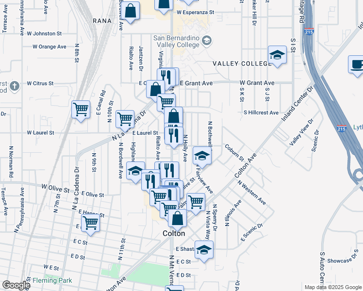 map of restaurants, bars, coffee shops, grocery stores, and more near 1290 North Mount Vernon Avenue in Colton