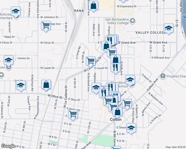 map of restaurants, bars, coffee shops, grocery stores, and more near 1336 North Bordwell Avenue in Colton