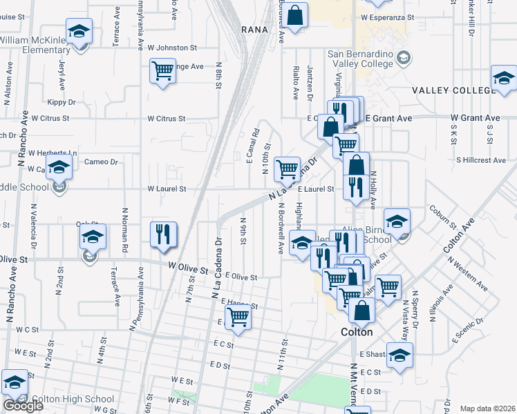 map of restaurants, bars, coffee shops, grocery stores, and more near 1340 North 10th Street in Colton