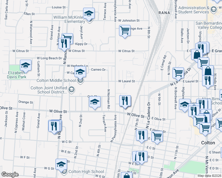 map of restaurants, bars, coffee shops, grocery stores, and more near 1224 North Pennsylvania Avenue in Colton