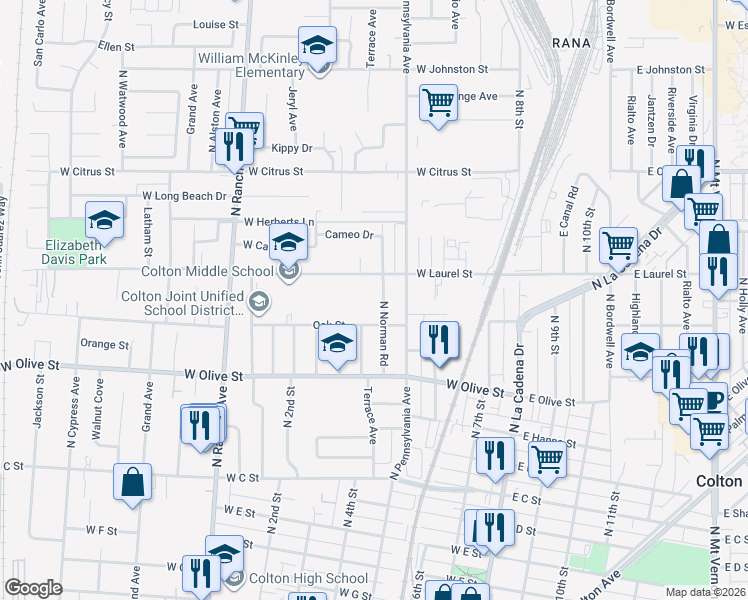 map of restaurants, bars, coffee shops, grocery stores, and more near 1225 North Norman Road in Colton