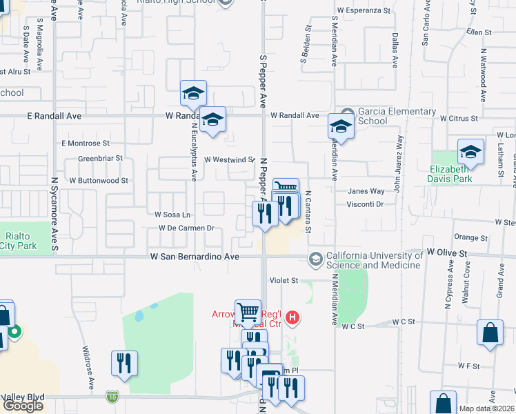 map of restaurants, bars, coffee shops, grocery stores, and more near 1641 Bent Rail Circle in Colton