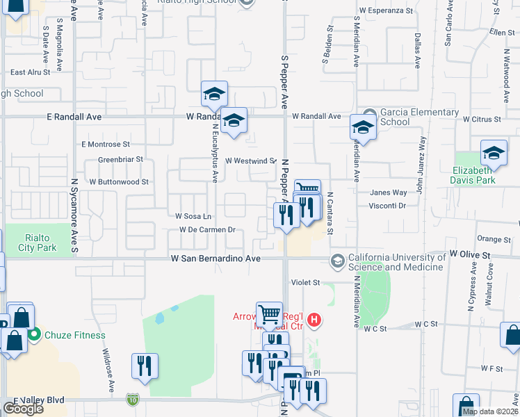 map of restaurants, bars, coffee shops, grocery stores, and more near 1641 Bent Rail Circle in Colton