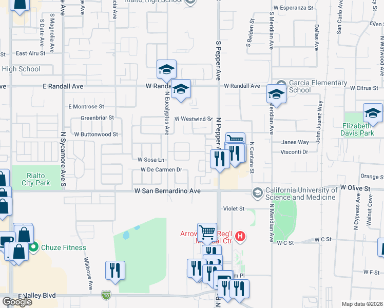 map of restaurants, bars, coffee shops, grocery stores, and more near 1803 Runaway Circle in Colton