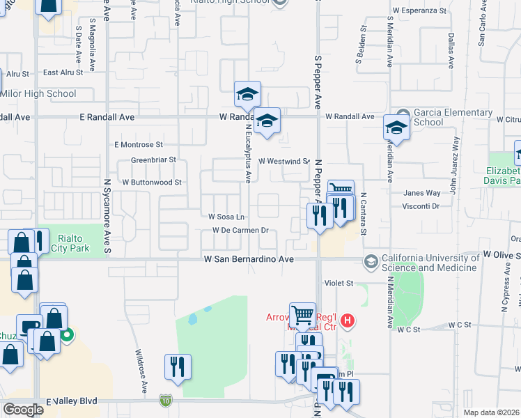 map of restaurants, bars, coffee shops, grocery stores, and more near 1149 Runaway Circle in Colton
