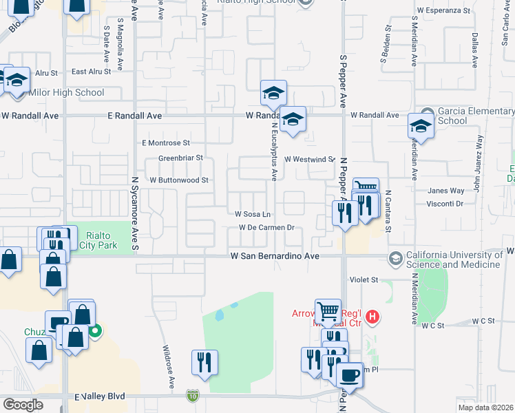 map of restaurants, bars, coffee shops, grocery stores, and more near 1130 Bautista Lane in Colton
