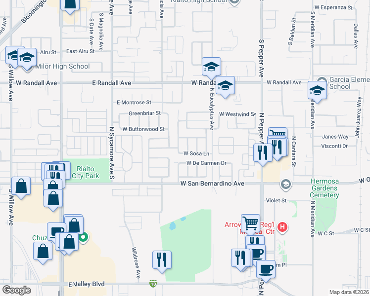 map of restaurants, bars, coffee shops, grocery stores, and more near 1130 North Christobal Lane in Colton