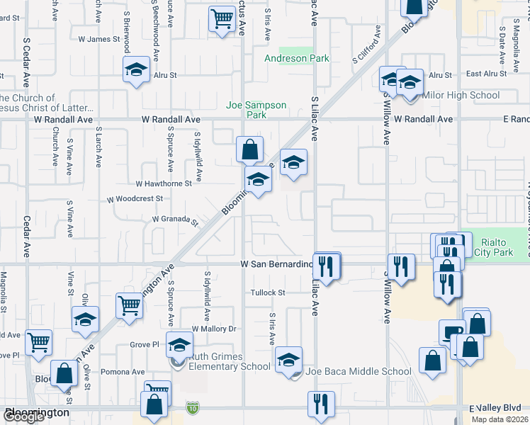 map of restaurants, bars, coffee shops, grocery stores, and more near 1173 South Cactus Avenue in Rialto