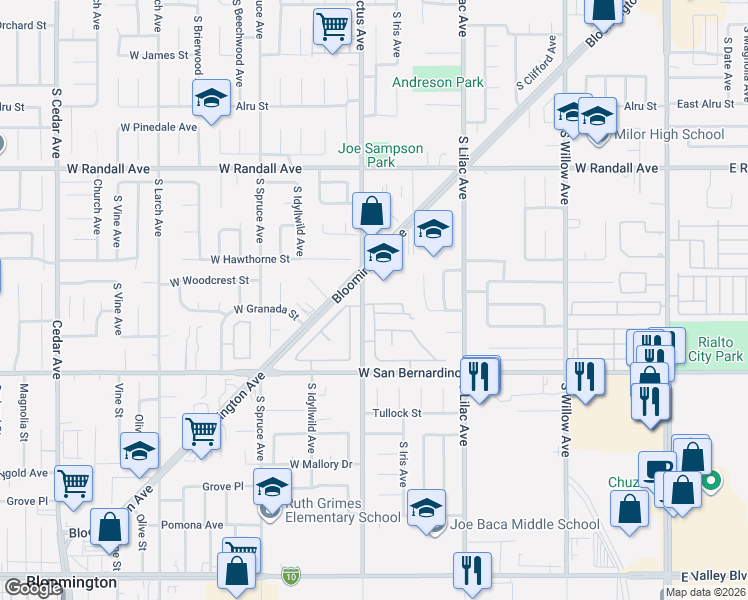 map of restaurants, bars, coffee shops, grocery stores, and more near 1173 South Cactus Avenue in Rialto