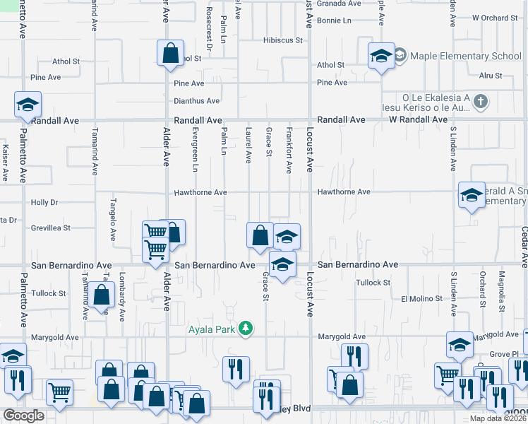 map of restaurants, bars, coffee shops, grocery stores, and more near 9574 Grace Street in Fontana