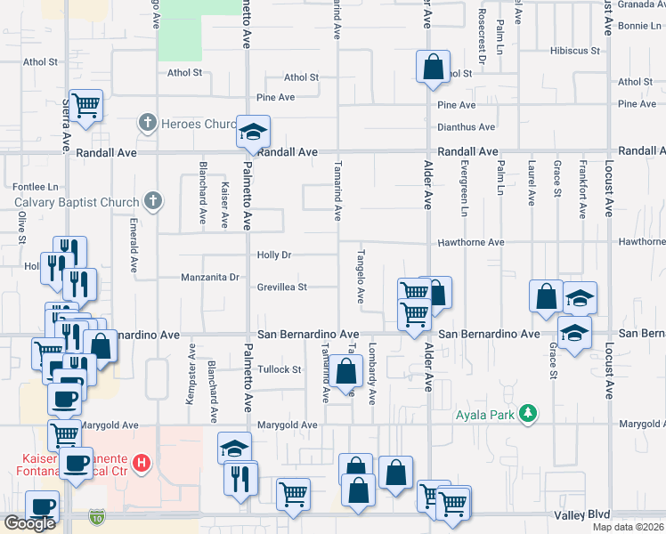 map of restaurants, bars, coffee shops, grocery stores, and more near 9562 Tamarind Avenue in Fontana