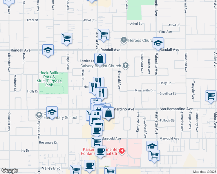 map of restaurants, bars, coffee shops, grocery stores, and more near 9566 Acacia Avenue in Fontana