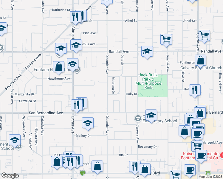map of restaurants, bars, coffee shops, grocery stores, and more near 9565 Oleander Avenue in Fontana