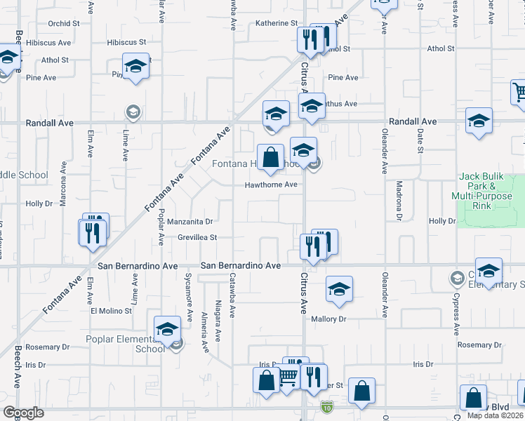 map of restaurants, bars, coffee shops, grocery stores, and more near 9569 Manzanita Court in Fontana
