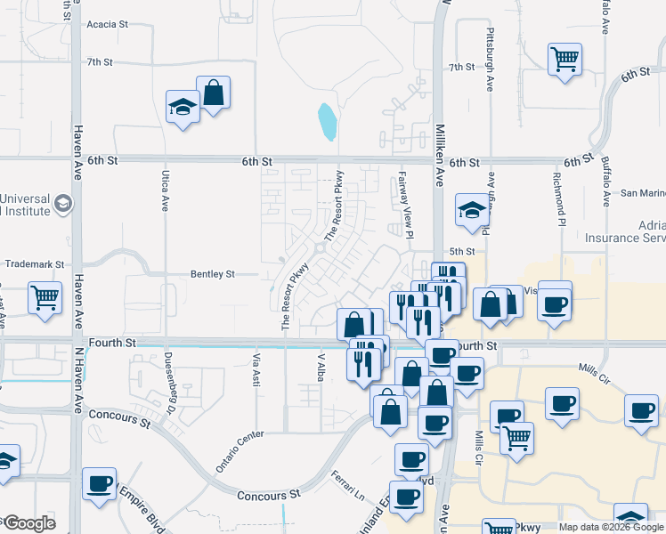 map of restaurants, bars, coffee shops, grocery stores, and more near 11016 Deckhouse Drive in Rancho Cucamonga