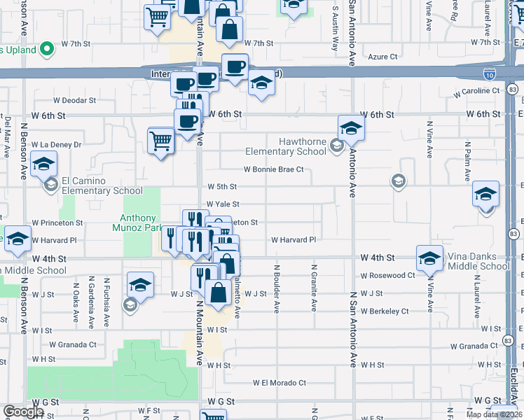 map of restaurants, bars, coffee shops, grocery stores, and more near 914 West Princeton Street in Ontario