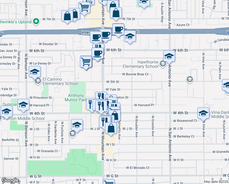 map of restaurants, bars, coffee shops, grocery stores, and more near 1038 West Princeton Street in Ontario
