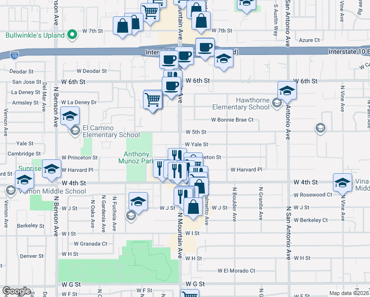 map of restaurants, bars, coffee shops, grocery stores, and more near 1038 West Princeton Street in Ontario