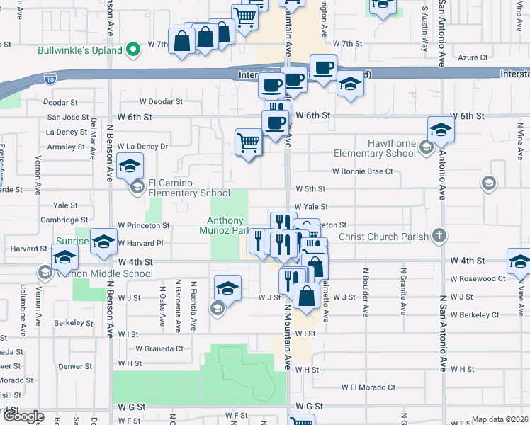 map of restaurants, bars, coffee shops, grocery stores, and more near 1156 West Princeton Street in Ontario