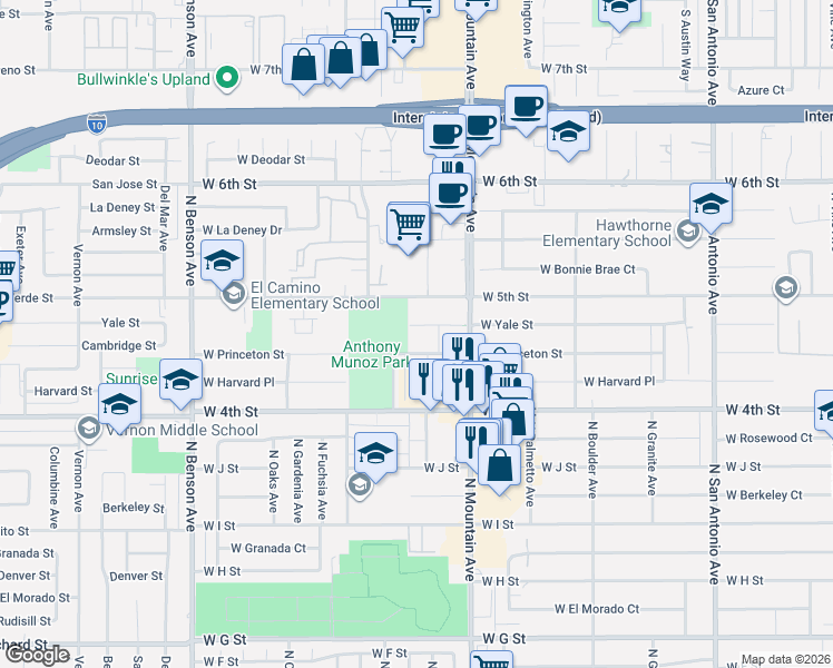 map of restaurants, bars, coffee shops, grocery stores, and more near 1156 West Princeton Street in Ontario